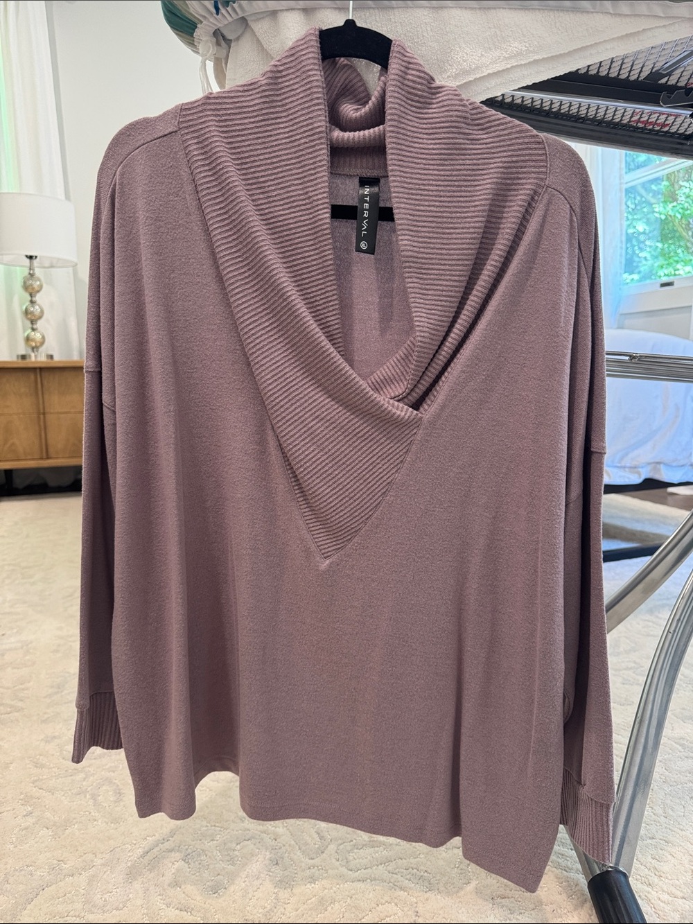 Ribbed Cowl Neck Sweater in Dusty Mauve